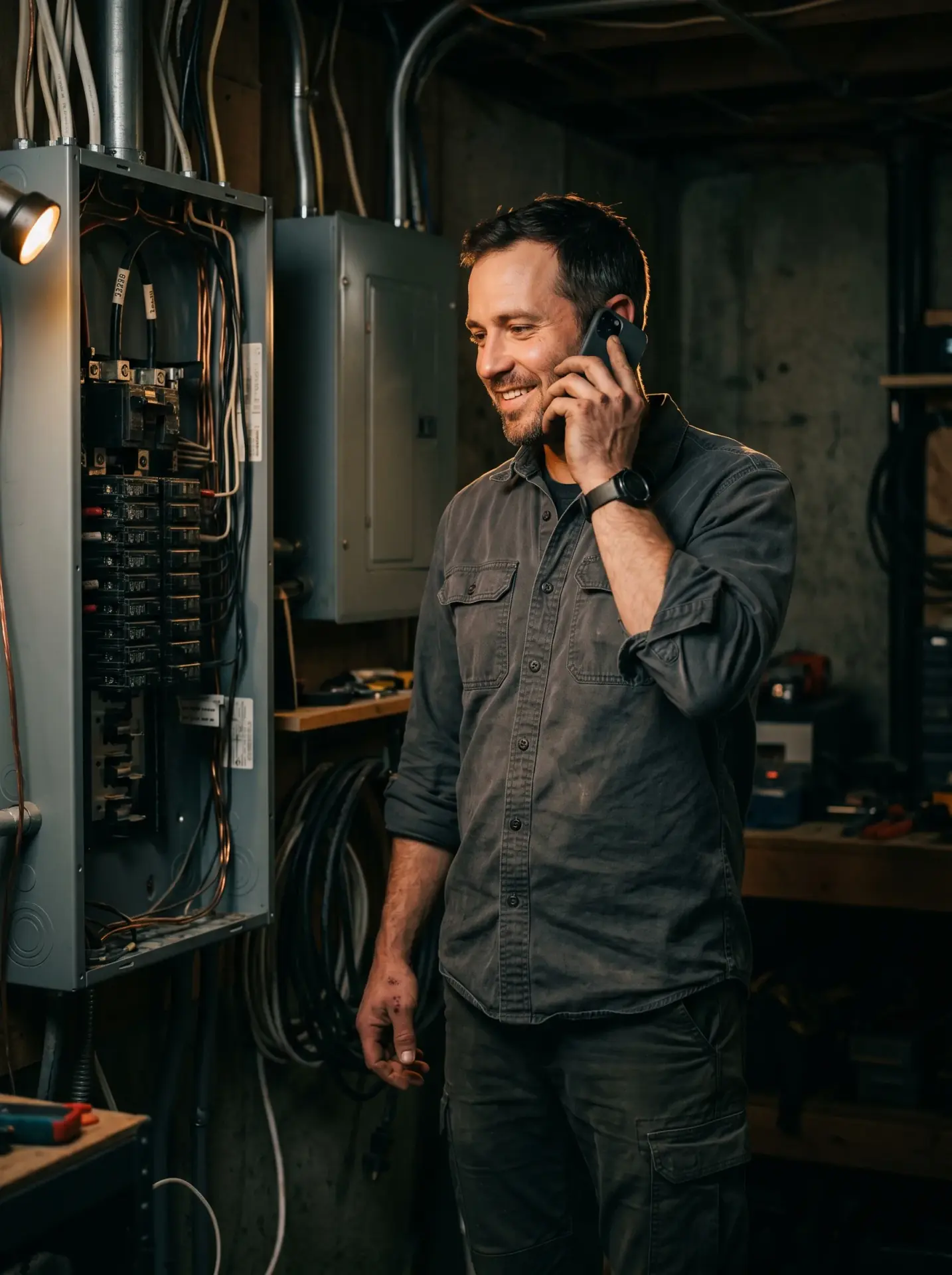 Sackett Electric electrician taking a customer phone call next to an open electrical panel